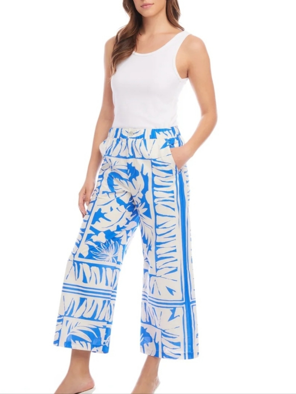 Fifteen Twenty Rylie Crop Pants By Karen Kane Blue White Wide Leg Tropical